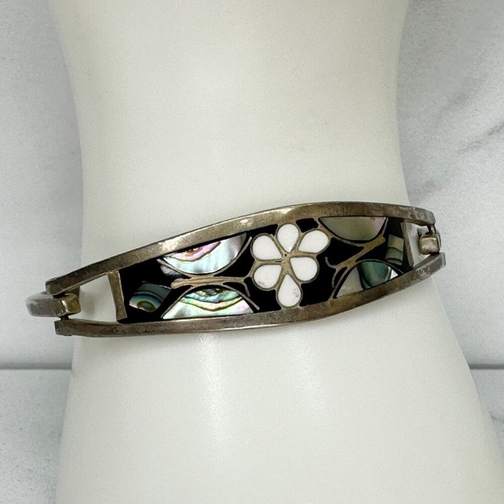 Vintage Taxco Mexico Silver Abalone Butterfly Inlay Hinged Bangle Bracelet ✨